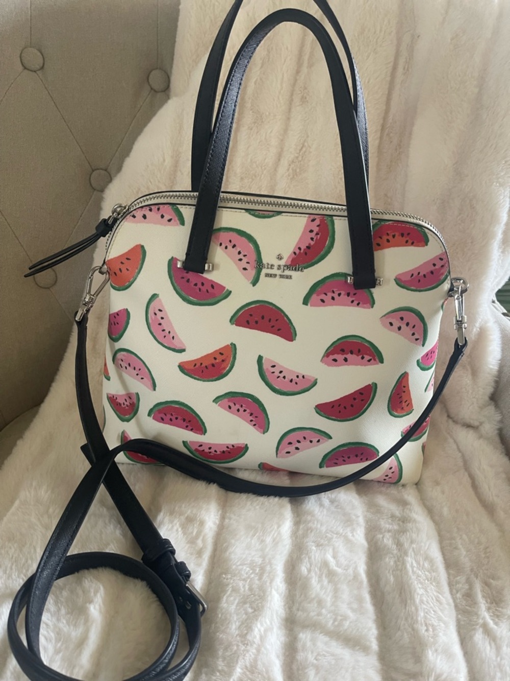 kate spade White Watermelon Print Satchel with Black Handles